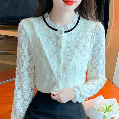 New 2024 Autumn Winter Fashion Long Sleeve Stand Collar Apricot Velvet Lace Blouse Shirt Women Tops Blouses Shirts J787