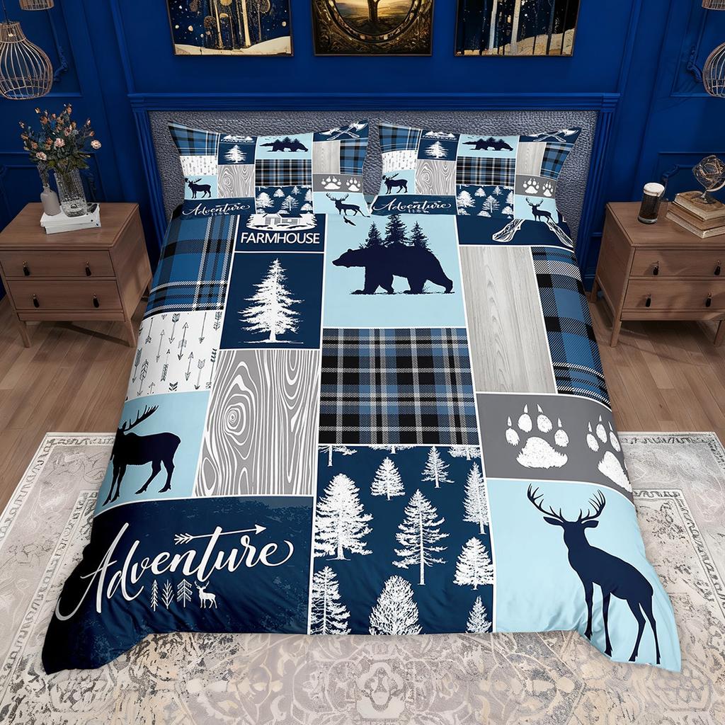 Homewish Rustic Farmhouse Plaid Duvet Cover Set Moose Bear Checkered Bedding Set Retro Cabin Lodge Comforter Cover Set