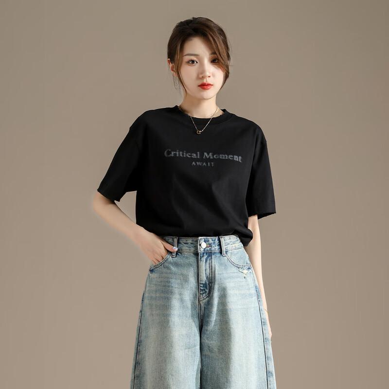 RAIN.CUN Women s Black Letter Print Cotton T-Shirt M