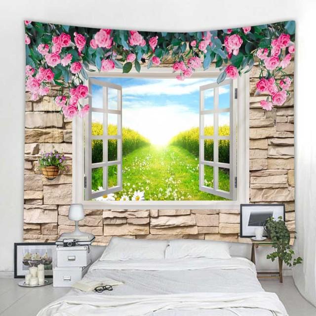 Балконное окно пейзаж гобелен настенный в стиле бохо простыня диван одеяло эстетика гостиная спальня украшение стены