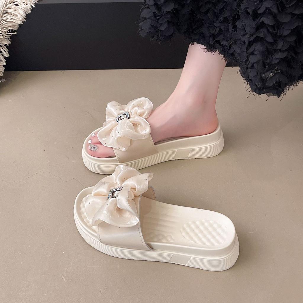 Women's Outer Slippers 2025 Summer New Bow Sandals Soft Thick Bottom Versatile Lazy Non-slip Beach One-word