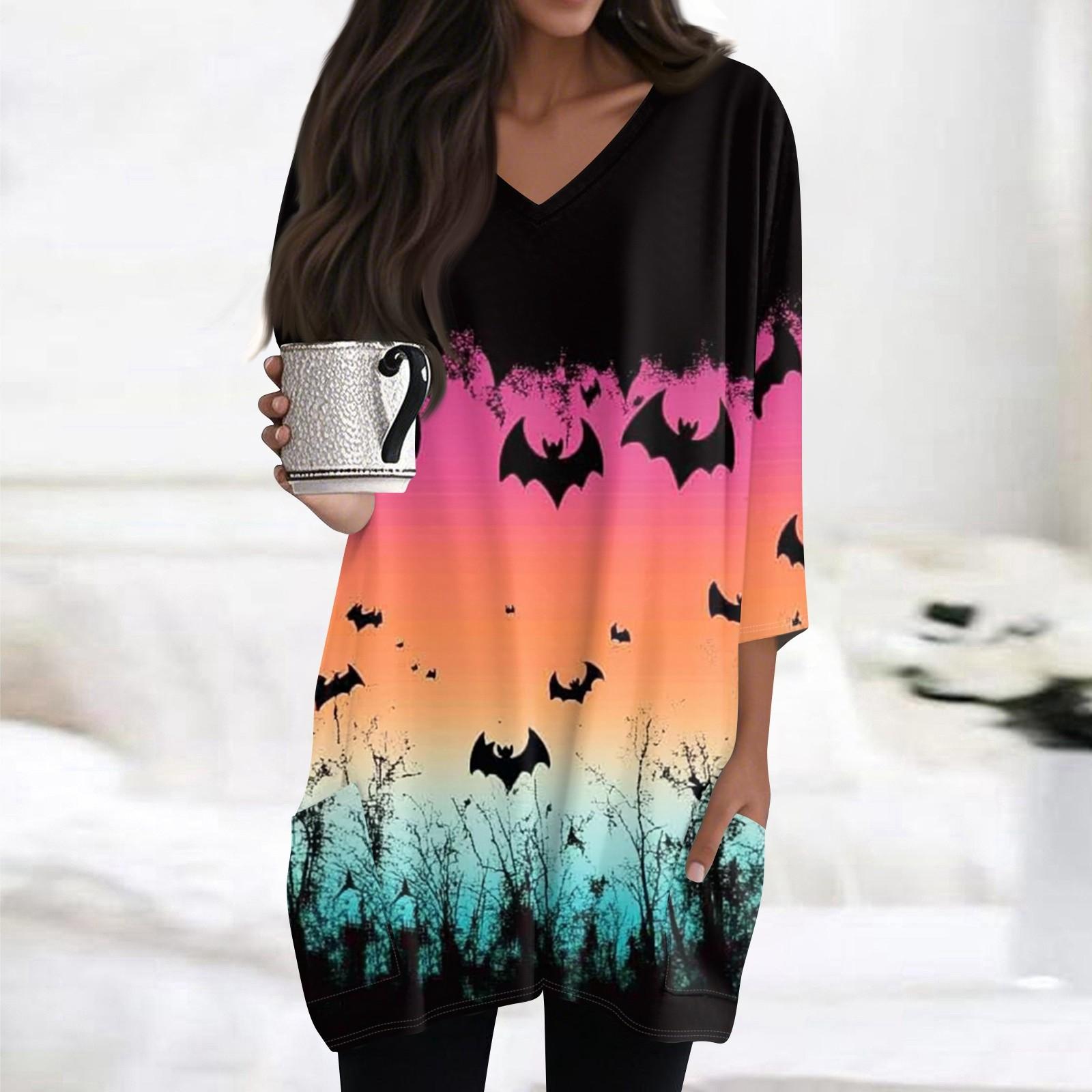 

Womens Tops V-neck 3/4 Sleeve Blouses Casual Mid-length Shirts Fashion Halloween Print Tunic Tops With Pockets L