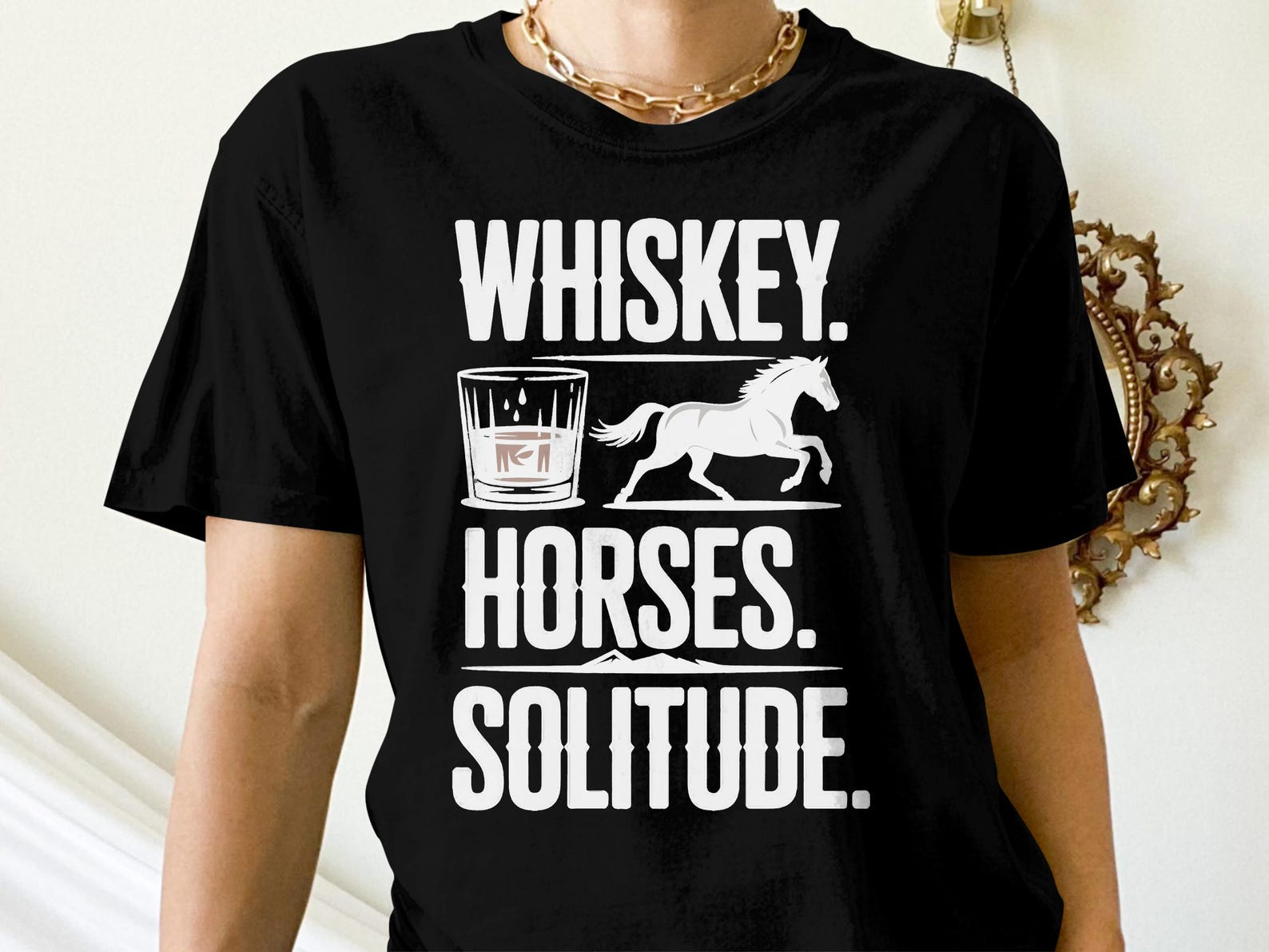 Whiskey Horses Solitude T-Shirt, Black Horse Design, Equestrian Gift Idea, Horse Lover Tee, Drink Graphic Shirt, Funny Horse Shirt M