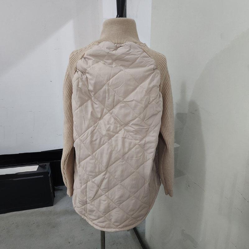 Women's OverSize Loose Cotton Parka Quilting Design Spliced Knitted Long Sleeve Zipper Stand Up Collar Thin Coat Drawstring Hem Overwear Autumn Winter