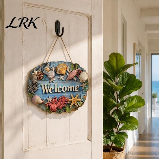 Decorative Shell Starfish Sign Summer Coastal Wooden Wreath, Ocean Welcome Sign, Nautical Easy to Hang Door Decor Front Hanger for Porch, Indoor,
