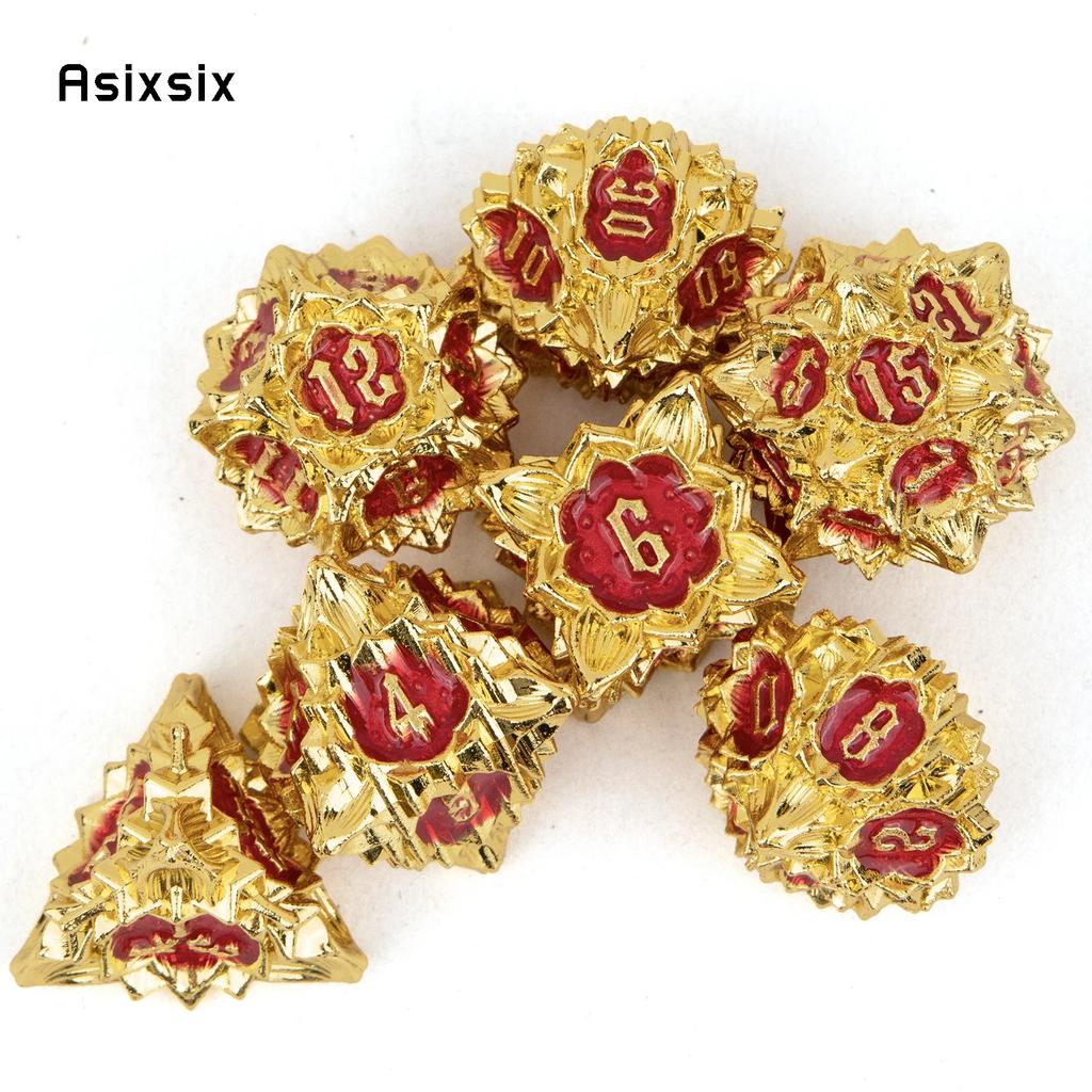 7 Pcs Golden Red Lotus Flower Metal DicePerfect For Rpgs, Board Games, And Card Games.Dice For Games, Dnd Dice Set