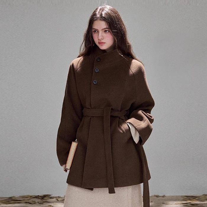 

2025 Autumn/Winter Women s Petite Mid-Length Wool Coat – Socialite Style with Stand Collar S