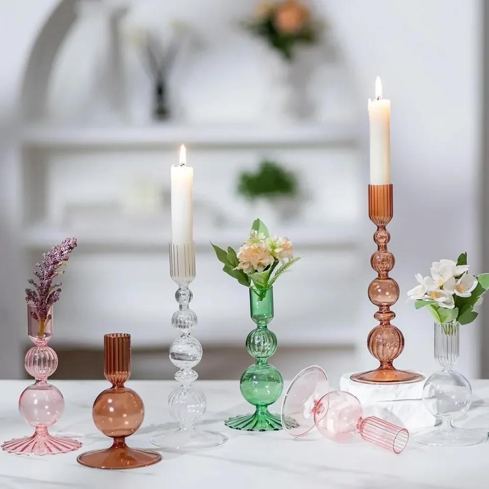 3Pcs Glass Candle Stick Holder Crystal Flower Vase Home Decoration for Table Centerpiece Wedding Party Christmas Decorations