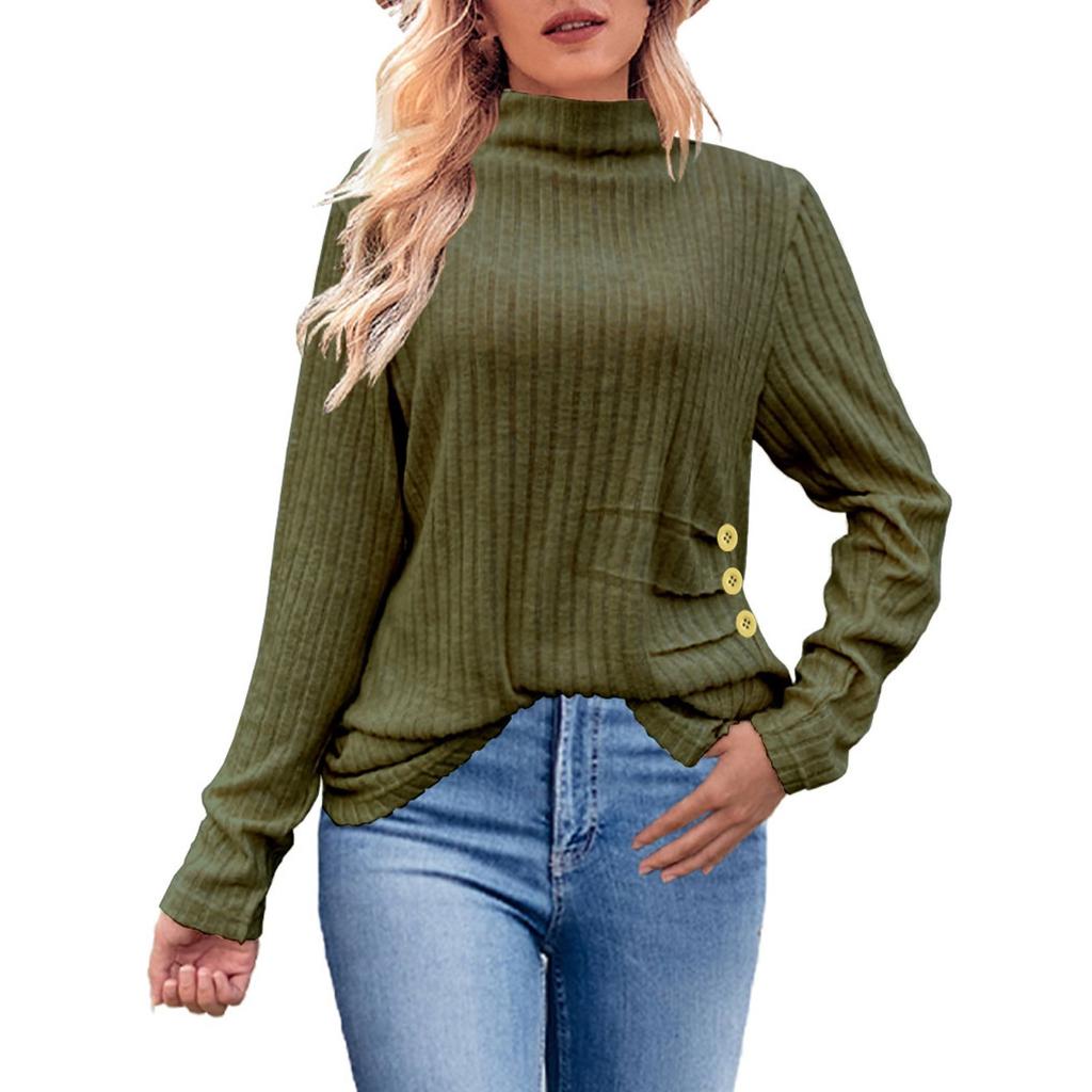 Women's Fashion Loose High Neck Side Pleated Button Long Sleeve T-Shirt Knit Top