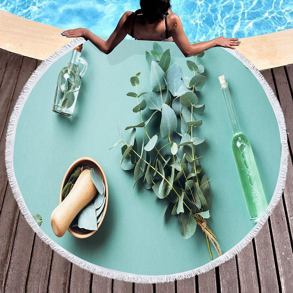 Summer Leaves Round Beach Towel Eucalyptus Leaf Garland Microfiber Beach Blanket Soft Absorbent Quick Dry Bath Towel Picnic Mat