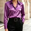 Women's Long Sleeve Satin Button-Up Shirt with Lapel Collar Casual Blouse Top