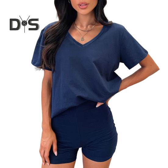 

2 шт./комплект женский футболка шорты комплект костюм V-образный вырез короткий рукав однотонный свободный топ высокая талия мини шорты спортивный наряд повседневный спортивный костюм M темно-синий