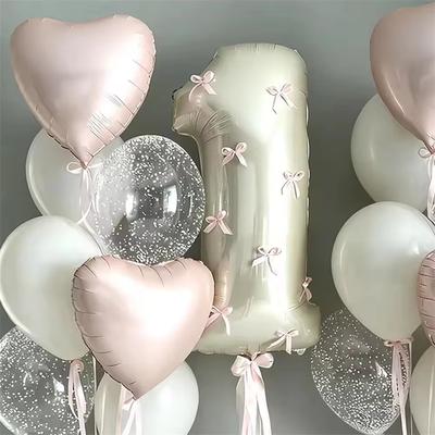 32inch Pink Bows Number Balloons Cream White Beige Number Foil Balloons Pink Bows For Girls Birthday Coquette Themed Party Decor