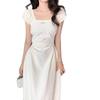 French square neck white dress for women, new summer first love, pure and sweet milky petite waist-cinching long dress