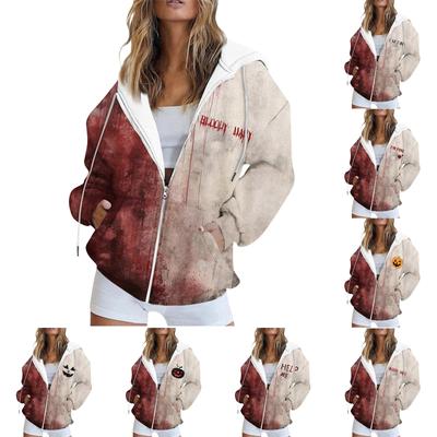 Damen Casual Halloween Print Langarm Sweatshirt Tasche Jacke Reißverschluss Hoodie Mantel