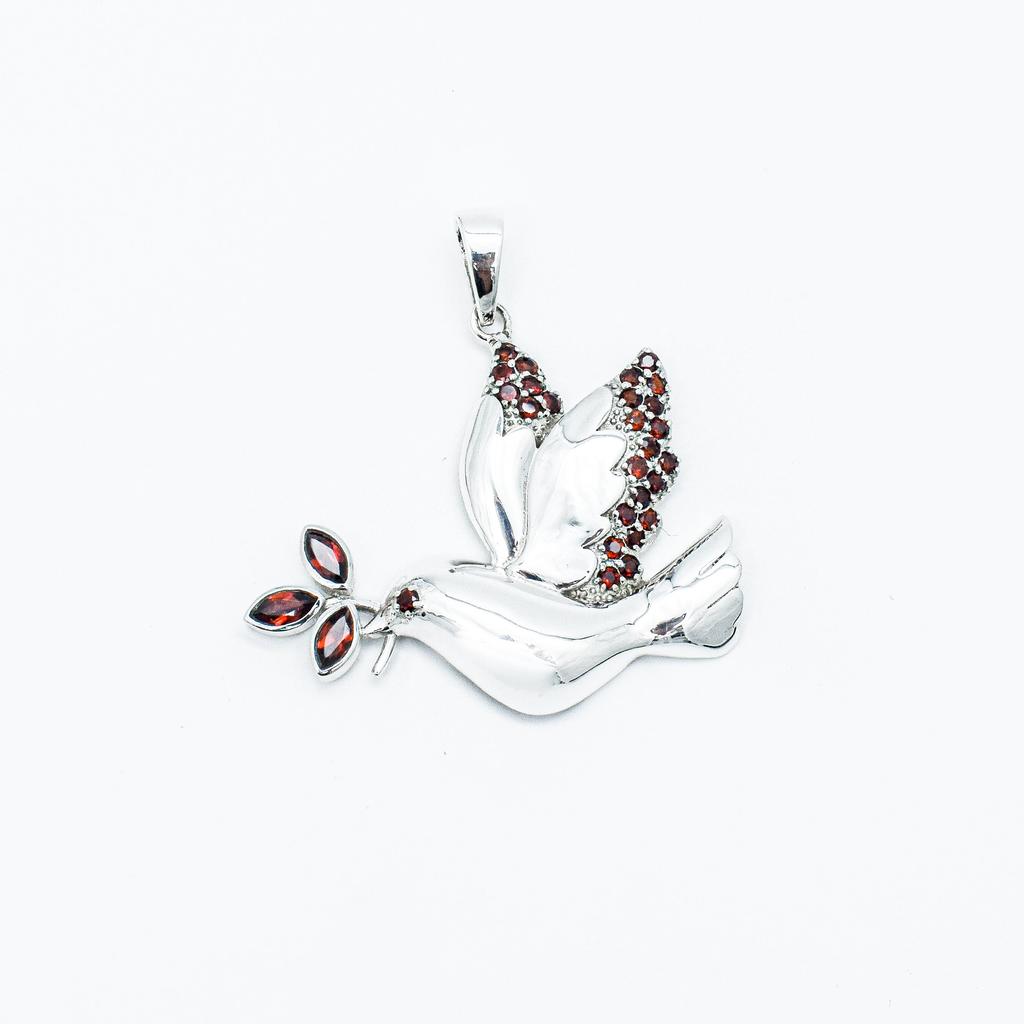 Sterling Silver Dove Pendant Necklace: Garnet Bird Jewelry