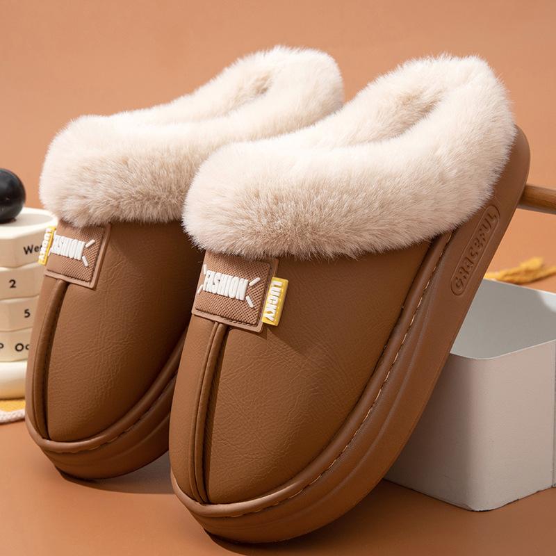 Waterproof cotton slippers for men and women, warm in autumn and winter, thick-bottomed non-slip, dirt-resistant odorless piled foot warmer slippers