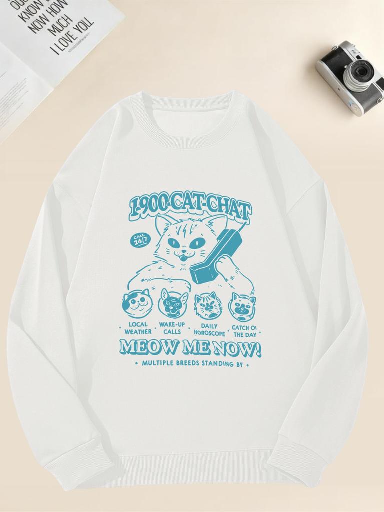 Men'S 1900 CAT CHAT Casual Round-Neck Sweatshirt with Cat Pattern  100% Cotton Printed Long-Sleeve Crew Neck Pullover