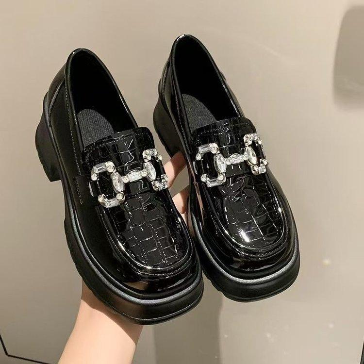 British Wind and Water Diamond Single Shoes New Spring Muffin Small Leather Shoes Thick Soles Increase