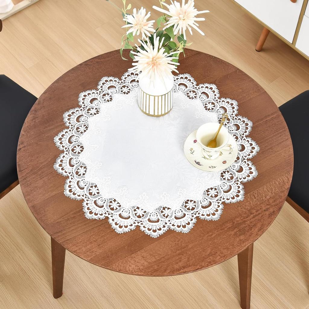 Elegant White Lace Jacquard Round Doily Tablecloth Table Topper Decoration Cover for Home Dresser Scarf and Table Centerpiece 24 Inch