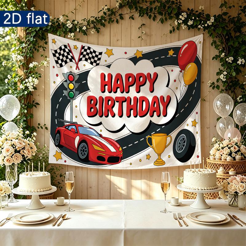 Festive Racing Car Sports Car Birthday Banner, Multicolor Polyester Backdrop for Party Decorations