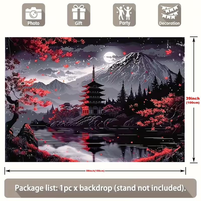 2D Japanese Night Scenery Backdrop, Mount Fuji & Pagoda Tapestry for Home & Studio