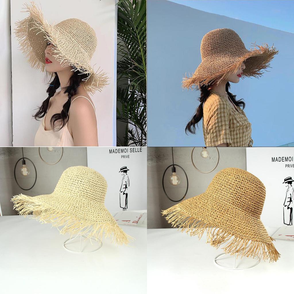Hat Versatile Style Straw Woven Tassel Brimmed Womens Sunshade Hatscaps
