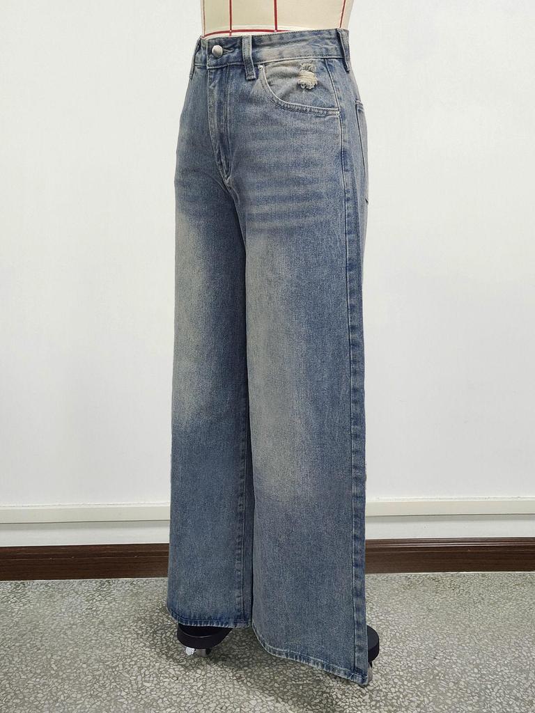 Women's Washed Blue Ripped Wide-Leg Jeans - Trendy Floor-Length Casual Pants