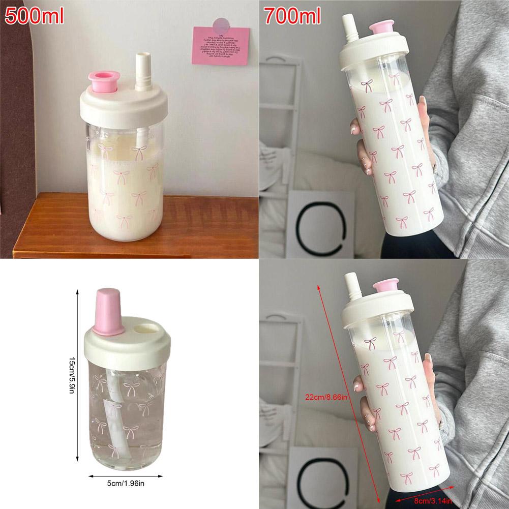 500/700Ml Pink Bow Water Cup With Straw Coffee Bubble Milk Tea Plastic Cup Large Capacity Students Water Bottle Straw Bottle
