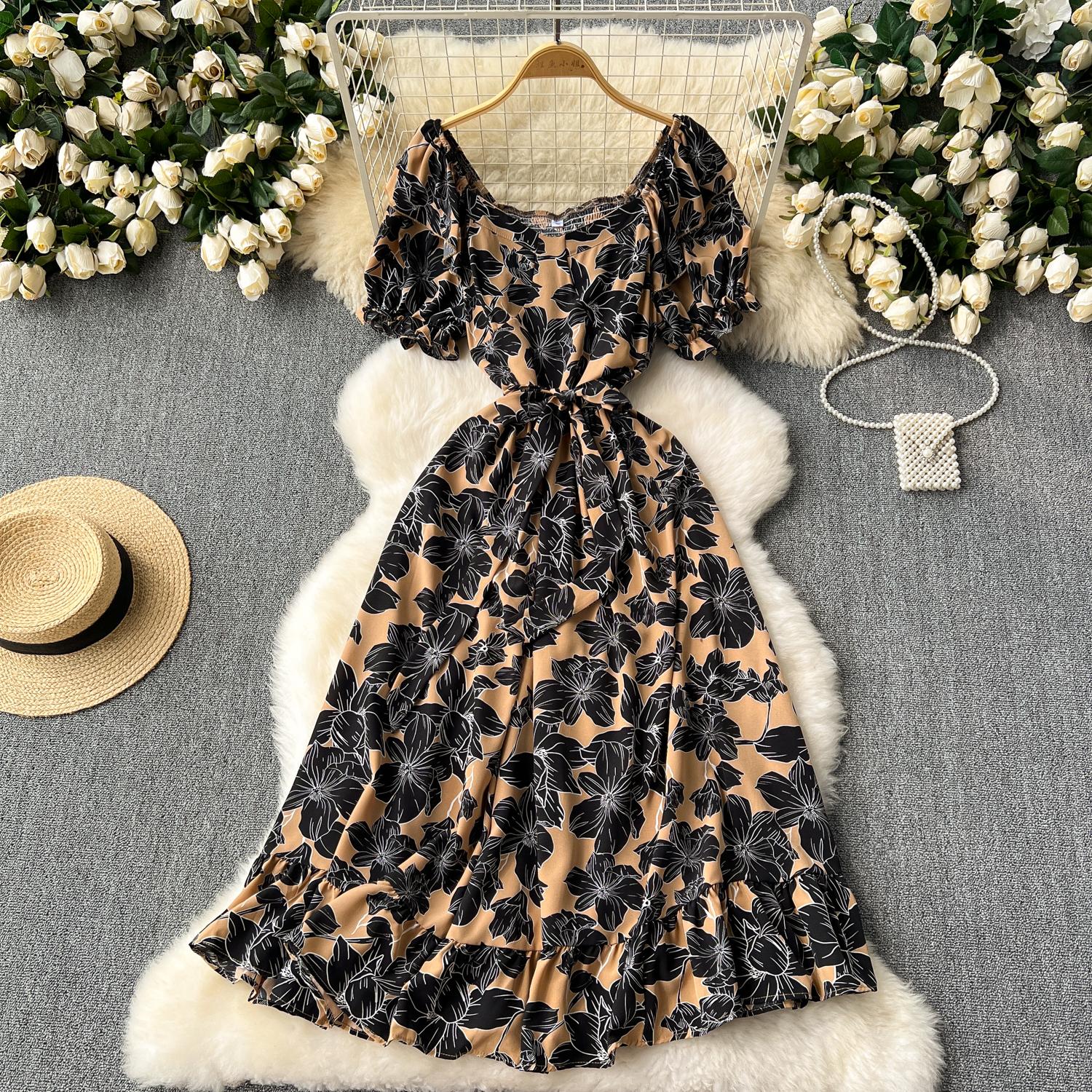 

Французское винтажное элегантное пышное платье с коротким рукавом и квадратным вырезом с принтом на шнуровке, отпускное платье, женское модное летнее весеннее платье One Size хаки