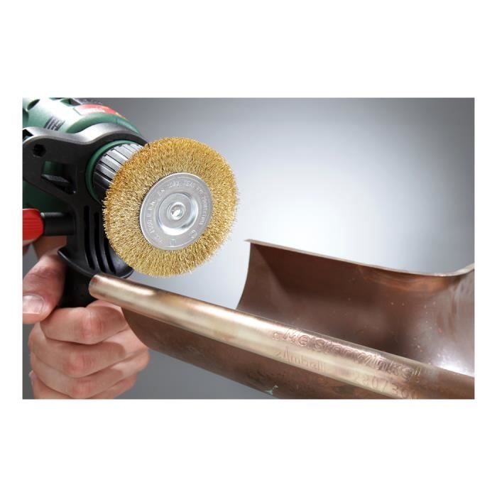 Brosse plate à fil laiton ondulé pour finition et nettoyage - kwb - roue à rayons 0,2mm 6mm 7,5cm - métal pierre