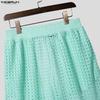Incerun Beach Sets Men Twopiece Hollow Short Sleeve Tops Elastic Waist Shorts Suits