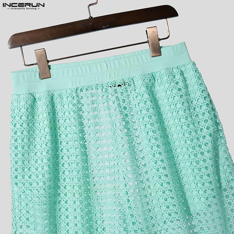 Incerun Beach Sets Men Twopiece Hollow Short Sleeve Tops Elastic Waist Shorts Suits
