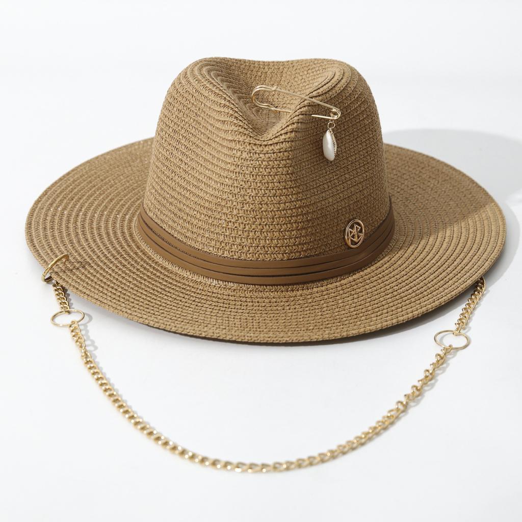 Designer Chain Wide Brim Straw Hat for Women, Spring Summer Sun Protection Fedora Beach Hat with Pin