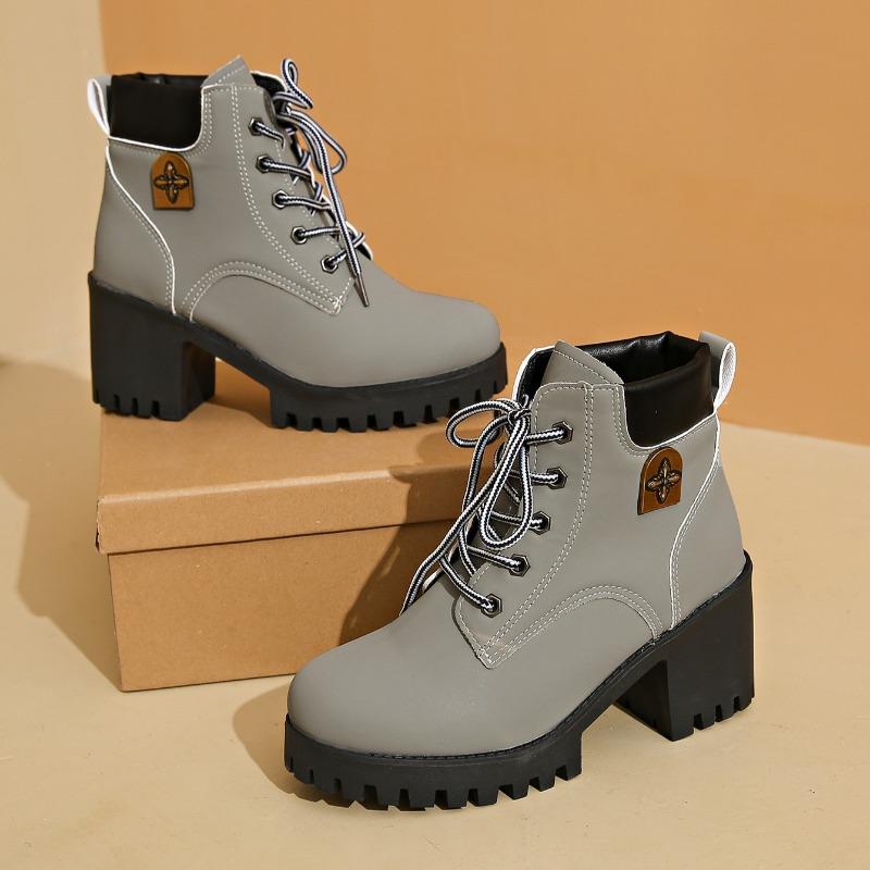 Neue Mode Plateaustiefel für Damen Retro Runde Spitze Grober Absatz Knöchelhohe Stiefel Herbst High Heel Schuhe für Damen Botas Para Mujer