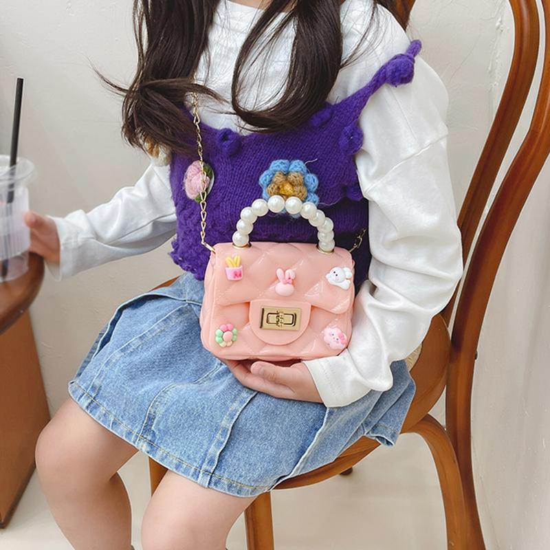 Baby Girl's Bag Bead Handle Shoulder Bag Children's Crossbody Bag Kids Bag With Self-Adhesive Patch