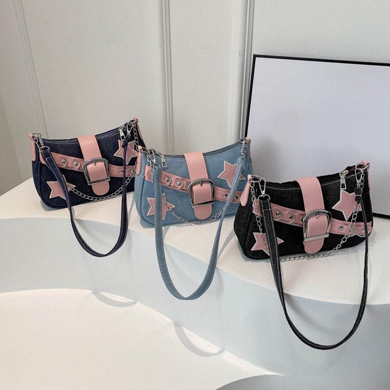 Borse a Tracolla Catena Y2K Hot Girl con Motivo a Stelle per Donna Borsa a Mano Nera Rosa Borsa di Lusso Designer Grunge Borsa a Tracolla Stile Gotico Motor