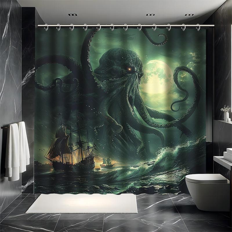 Cthulhu Duschvorhang-Set - Tiefsee-Horror, Ozean-Legenden Serie, Inklusive 12 Haken, Polyestergewebe, Moderne Badezimmerdekoration