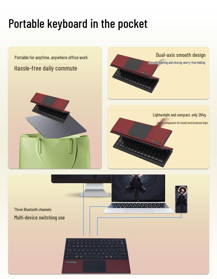 Foldable Leather Bluetooth Keyboard with Touchscreen for Tablet, iPad, Phone, Computer - Perfect for Business & Travel.