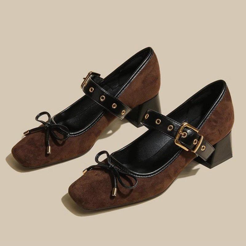 Women's Thick Heel Shoes Spring Square Head Shallow Mouth Suede Butterfly Knot Anti-slip Wear-resistant High Heels
