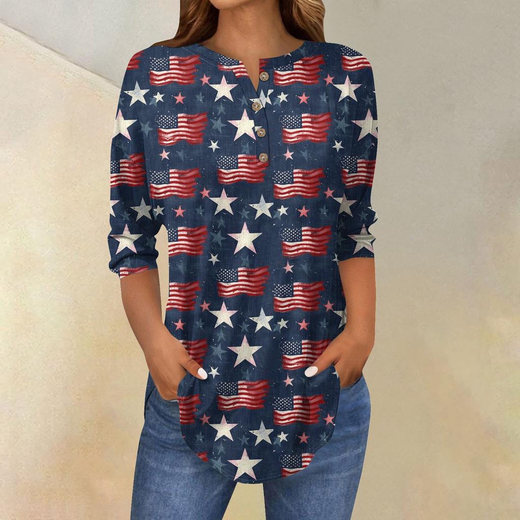 Tee Shirts For Women Fall Casual 3/4 Long Sleeve Button Shirts Sweatshirt Vintage Top Pullover