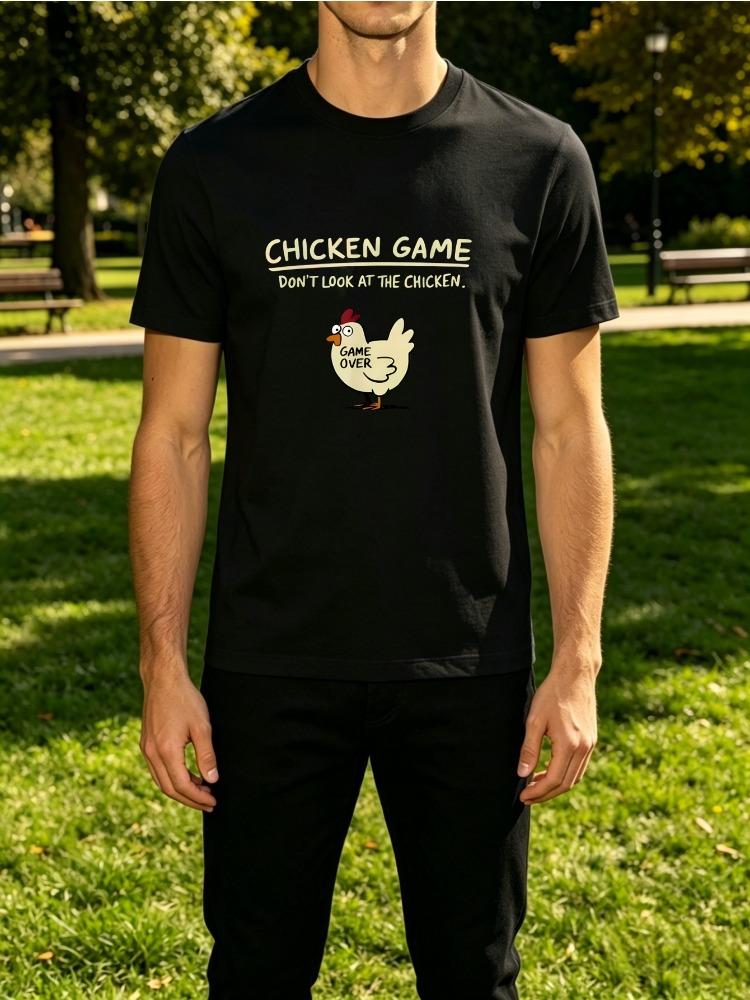 Mens Tee Chicken Game Funny Cartoon Chicken Text Print Cotton Short Sleeve Male Streetwear Summ