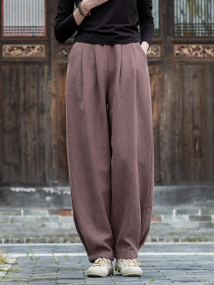 Women's Autumn/Winter Cotton Linen Sand Wash Loose Long Pants with Fleece Lining - Slimming Lantern Style