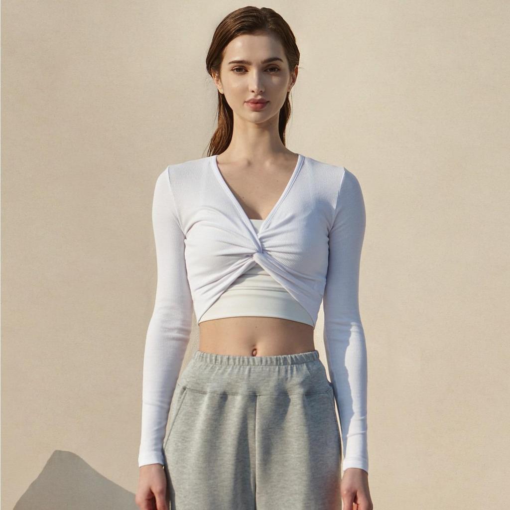 2024 Spring Women's Crisscross Yoga Top - Sexy Long Sleeve Solid Color Fitness T-Shirt