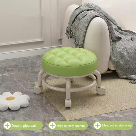 Low Height Rolling Stool with 360 Degrees Wheels Faux Leather Sponge Filled Cushion Modern Home