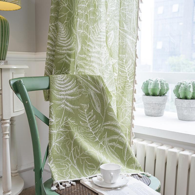 Green Leaf Home Life Decoration Curtain American Style Semi-blackout Cotton Linen Living Room Bedroom Translucen  Fringe Curtain