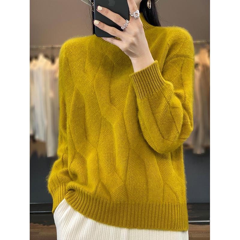 2024 Women's 100% Wool Half-High Collar Twist Sweater - Thick, Solid Color, Loose Fit, Slim Knit