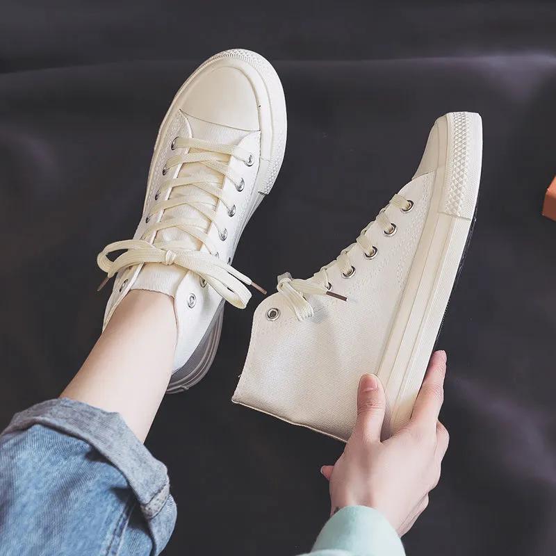 Women's Black High-Top Canvas Sneakers, Classic Retro Lace-Up Casual Shoes Non-Slip Rubber Sole, Comfortable Breathable Canvas Upper
