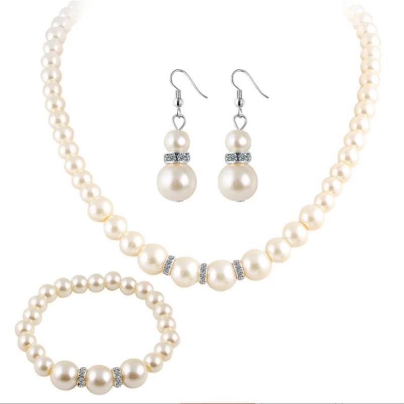 Fashion Rhinestone Pearl Necklace Earrings Bracelet Aset  Trendy Party Jewelry Gift