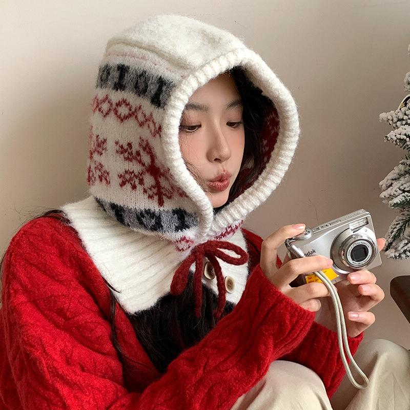 Snowflake Balaclava Hat for Women Autumn and Winter New Knitted Hat Warm Neck Scarf Integrated Ear Protection Woolen Hat